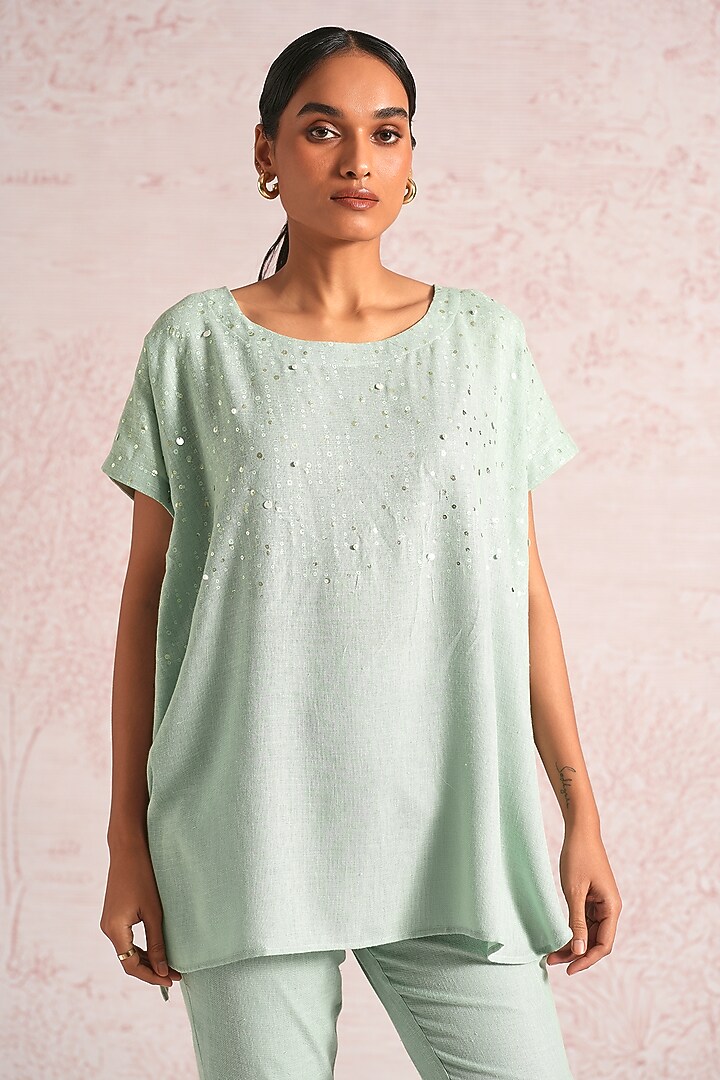 Cloud Green Linen Blend Co-Ord Set by Kaveri at Pernia's Pop Up Shop