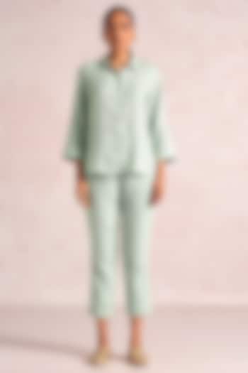 Cloud Blue Linen Blend Printed & Embroidered Co-Ord Set by Kaveri at Pernia's Pop Up Shop