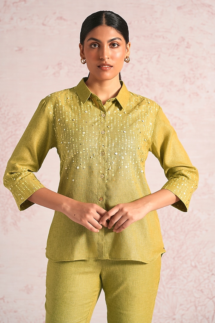 Pear Green Linen Blend Printed & Embroidered Co-Ord Set by Kaveri at Pernia's Pop Up Shop