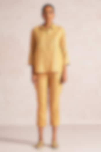 Cashew-Colored Linen Blend Printed & Embroidered Co-Ord Set by Kaveri at Pernia's Pop Up Shop