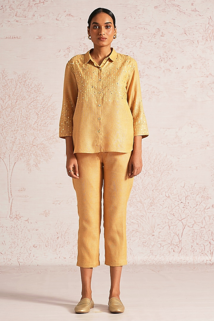 Cashew-Colored Linen Blend Printed & Embroidered Co-Ord Set by Kaveri at Pernia's Pop Up Shop