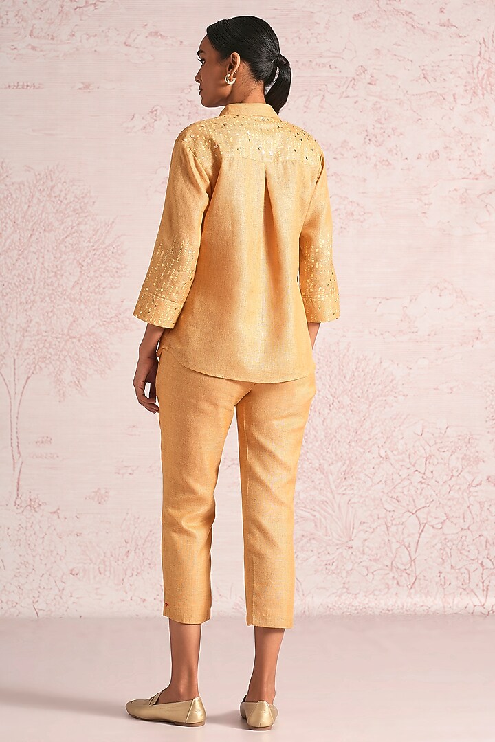 Cashew-Colored Linen Blend Printed & Embroidered Co-Ord Set by Kaveri at Pernia's Pop Up Shop