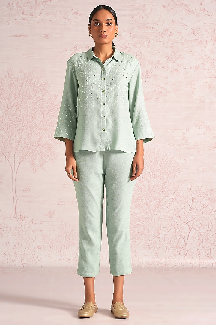 Cloud Blue Linen Blend Printed & Embroidered Shirt by Kaveri at Pernia's Pop Up Shop