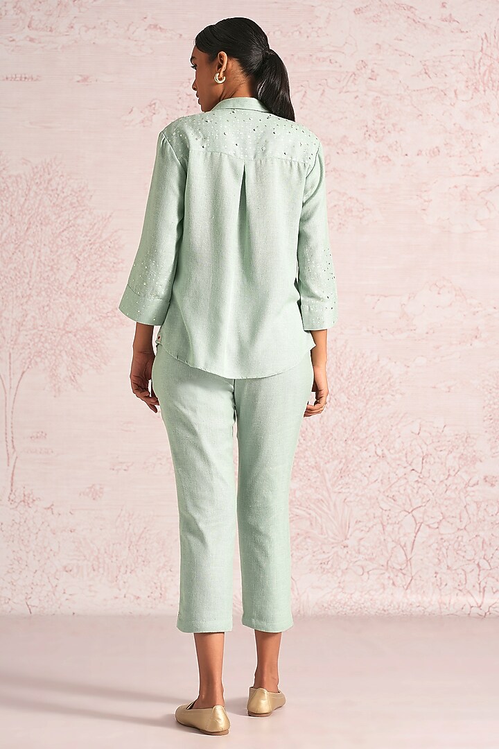 Cloud Blue Linen Blend Printed & Embroidered Shirt by Kaveri at Pernia's Pop Up Shop