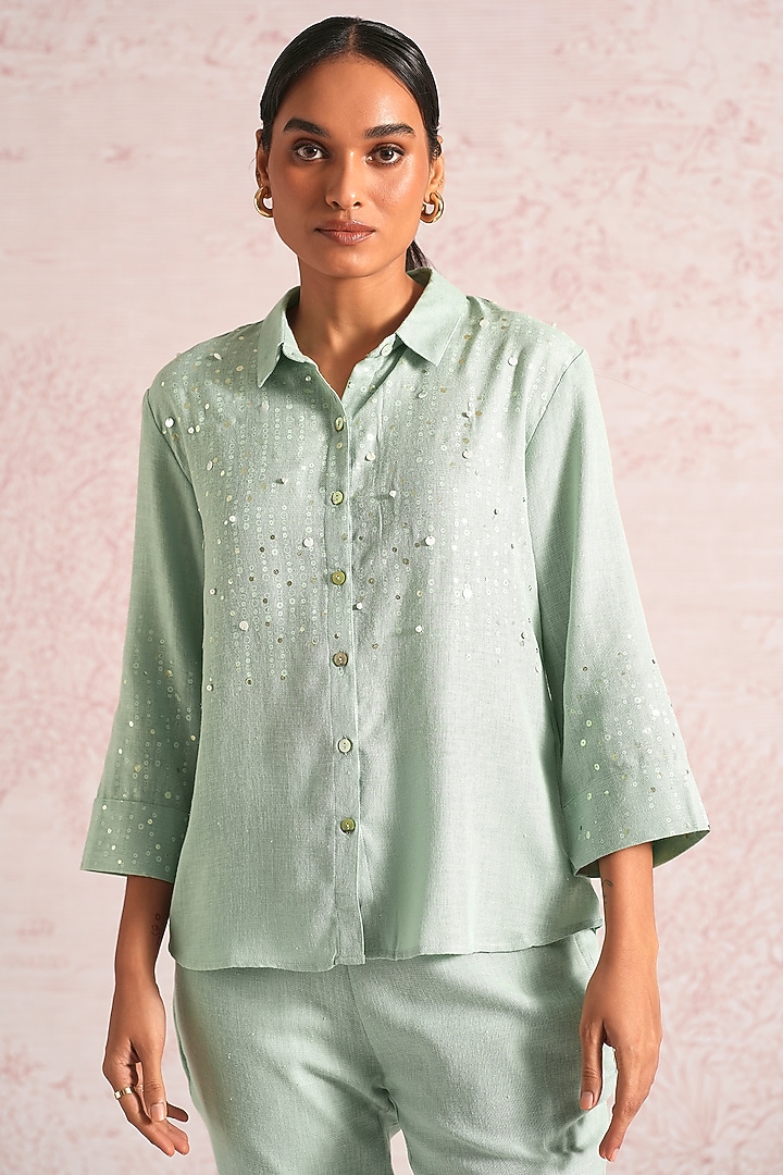 Cloud Blue Linen Blend Printed & Embroidered Shirt by Kaveri at Pernia's Pop Up Shop