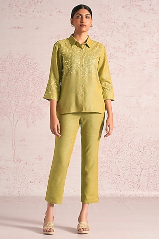 Pear Green Linen Blend Printed & Embroidered Shirt by Kaveri