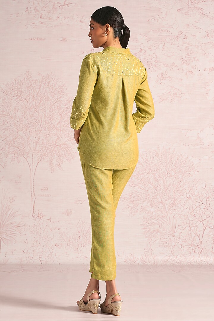 Pear Green Linen Blend Printed & Embroidered Shirt by Kaveri at Pernia's Pop Up Shop