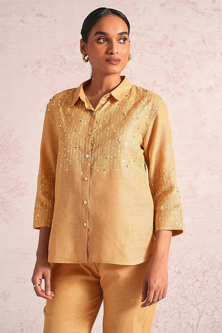 Cashew-Colored Linen Blend Printed & Embroidered Shirt by Kaveri at Pernia's Pop Up Shop