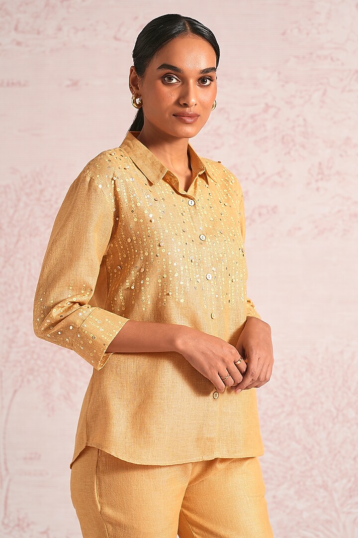Cashew-Colored Linen Blend Printed & Embroidered Shirt by Kaveri at Pernia's Pop Up Shop