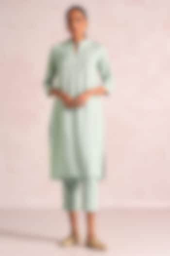 Cloud Blue Linen Blend Sequin Embroidered Kurta Set by Kaveri at Pernia's Pop Up Shop