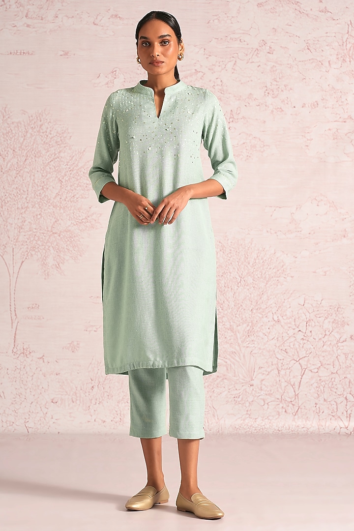Cloud Blue Linen Blend Sequin Embroidered Kurta Set by Kaveri at Pernia's Pop Up Shop