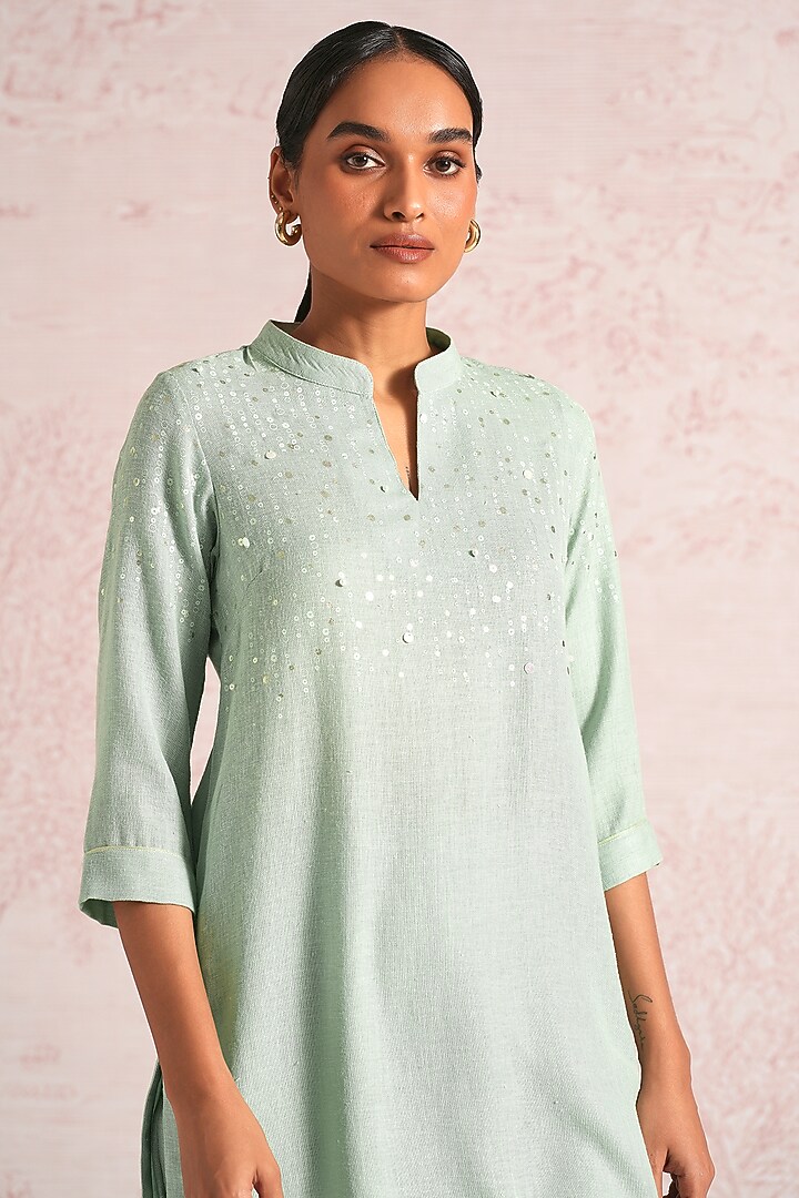 Cloud Blue Linen Blend Sequin Embroidered Kurta Set by Kaveri at Pernia's Pop Up Shop