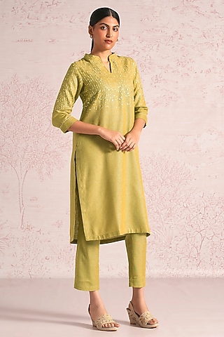 Pear Green Linen Blend Sequin Embroidered Kurta Set by Kaveri