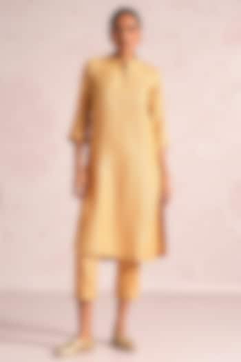 Cashew-Colored Linen Blend Sequin Embroidered Kurta Set by Kaveri at Pernia's Pop Up Shop