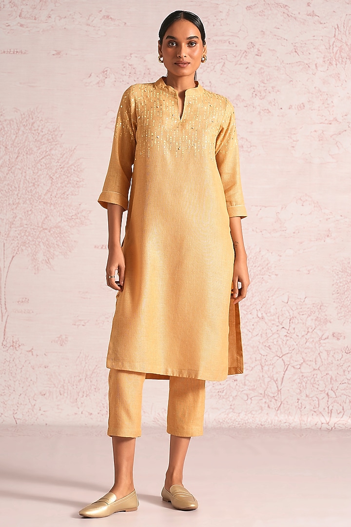 Cashew-Colored Linen Blend Sequin Embroidered Kurta Set by Kaveri at Pernia's Pop Up Shop