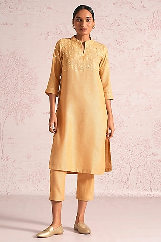 Cashew-Colored Linen Blend Sequin Embroidered Kurta Set by Kaveri