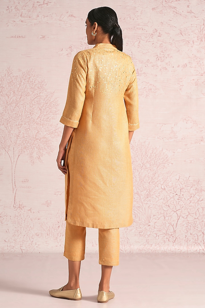 Cashew-Colored Linen Blend Sequin Embroidered Kurta Set by Kaveri at Pernia's Pop Up Shop