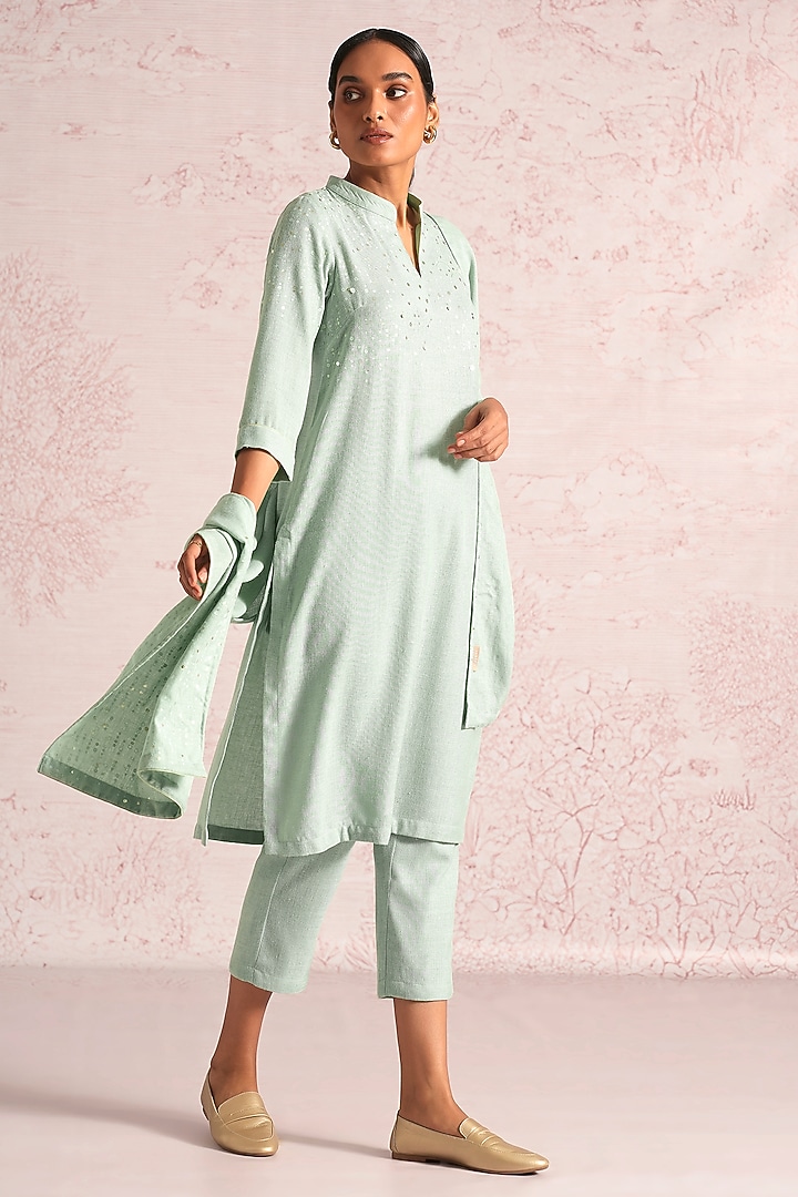 Cloud Blue Linen Blend Sequin Embroidered Kurta Set by Kaveri at Pernia's Pop Up Shop