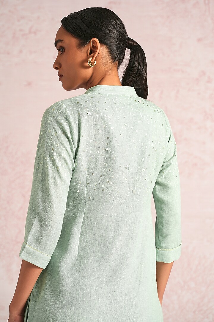 Cloud Blue Linen Blend Sequin Embroidered Kurta Set by Kaveri at Pernia's Pop Up Shop