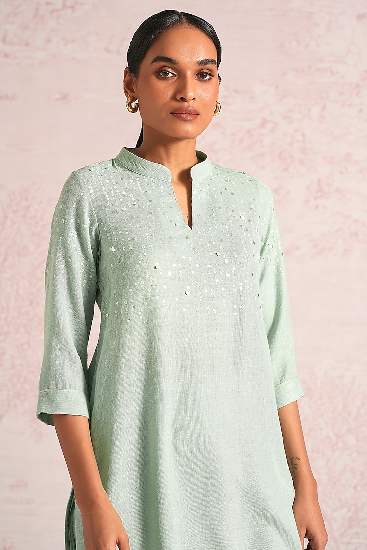 Cloud Blue Linen Blend Sequin Embroidered Kurta Set by Kaveri at Pernia's Pop Up Shop