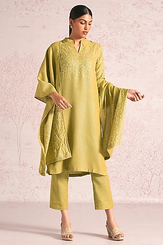 Pear Green Linen Blend Sequin Embroidered Kurta Set by Kaveri
