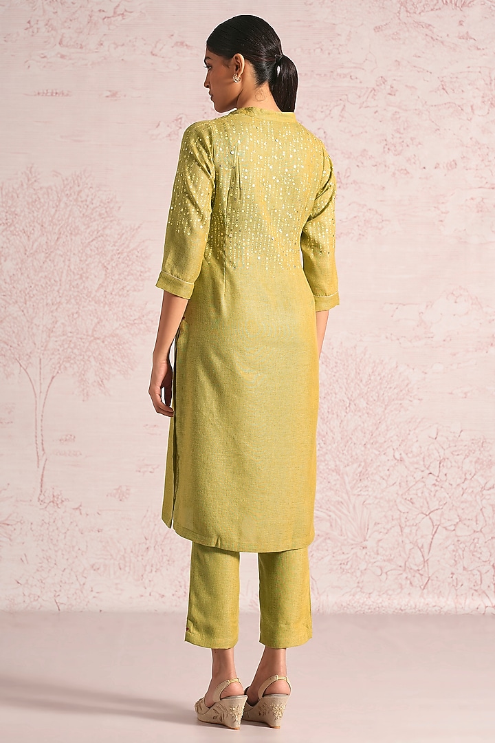 Pear Green Linen Blend Sequin Embroidered Kurta Set by Kaveri at Pernia's Pop Up Shop