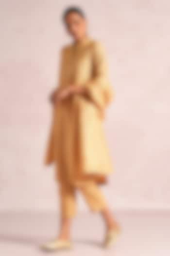 Cashew-Colored Linen Blend Sequin Embroidered Kurta Set by Kaveri at Pernia's Pop Up Shop