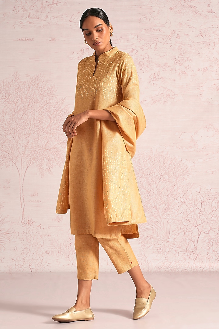 Cashew-Colored Linen Blend Sequin Embroidered Kurta Set by Kaveri at Pernia's Pop Up Shop
