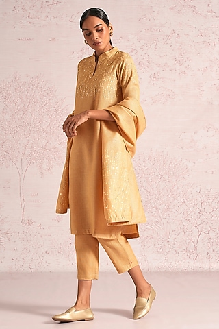 Cashew-Colored Linen Blend Sequin Embroidered Kurta Set by Kaveri