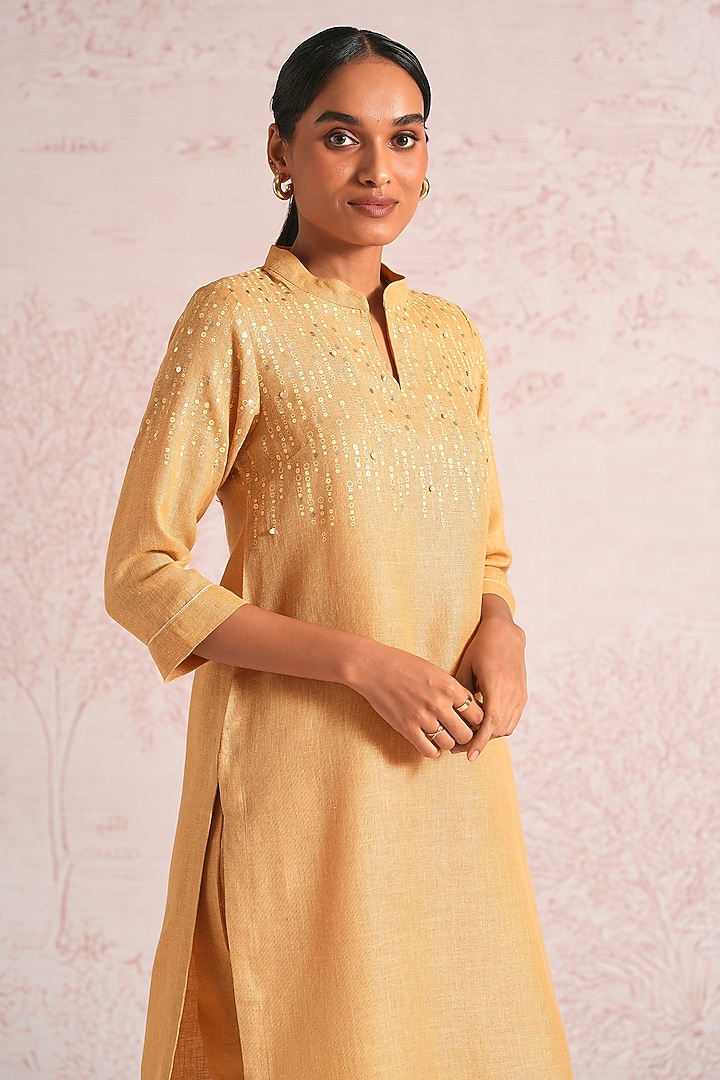 Cashew-Colored Linen Blend Sequin Embroidered Kurta Set by Kaveri at Pernia's Pop Up Shop