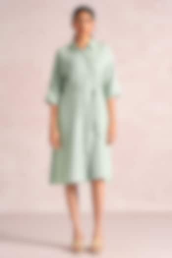 Cloud Blue Linen Blend Foil Printed Midi Summer Dress by Kaveri at Pernia's Pop Up Shop