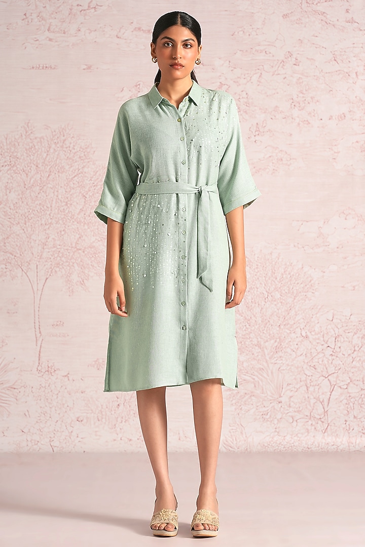 Cloud Blue Linen Blend Foil Printed Midi Summer Dress by Kaveri at Pernia's Pop Up Shop