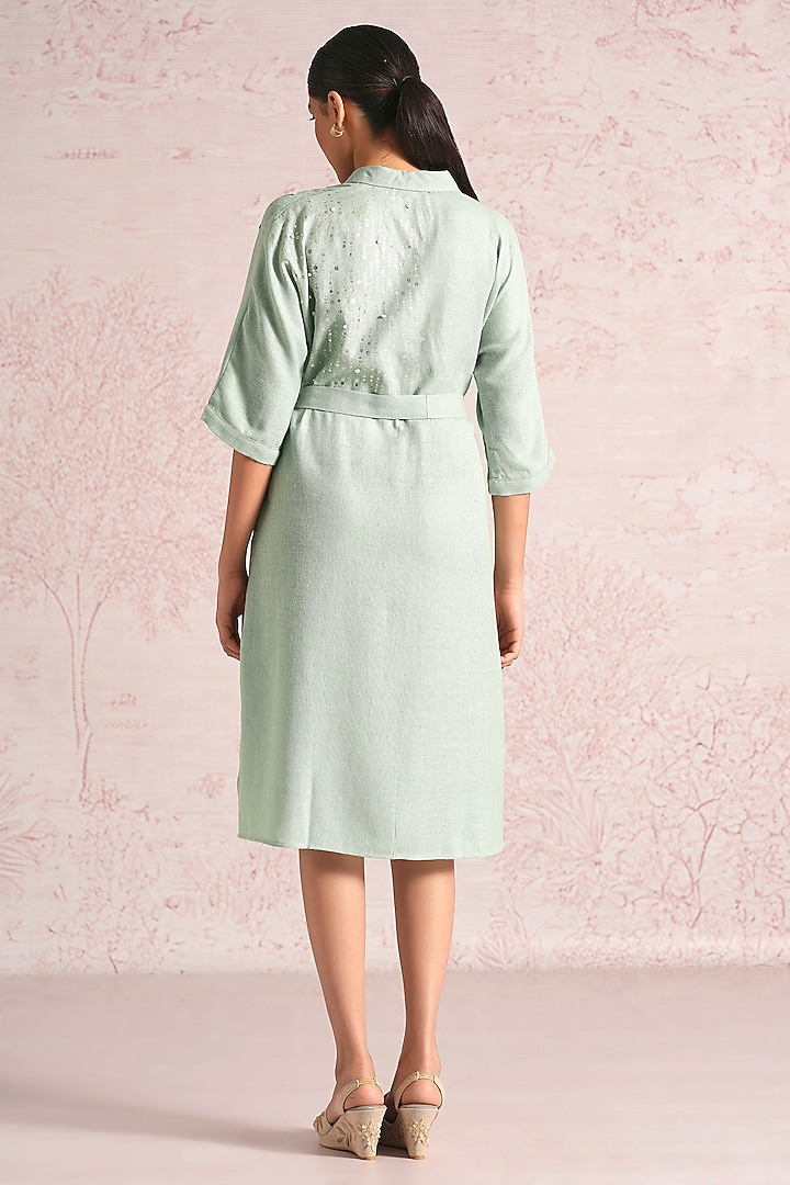 Cloud Blue Linen Blend Foil Printed Midi Summer Dress by Kaveri at Pernia's Pop Up Shop