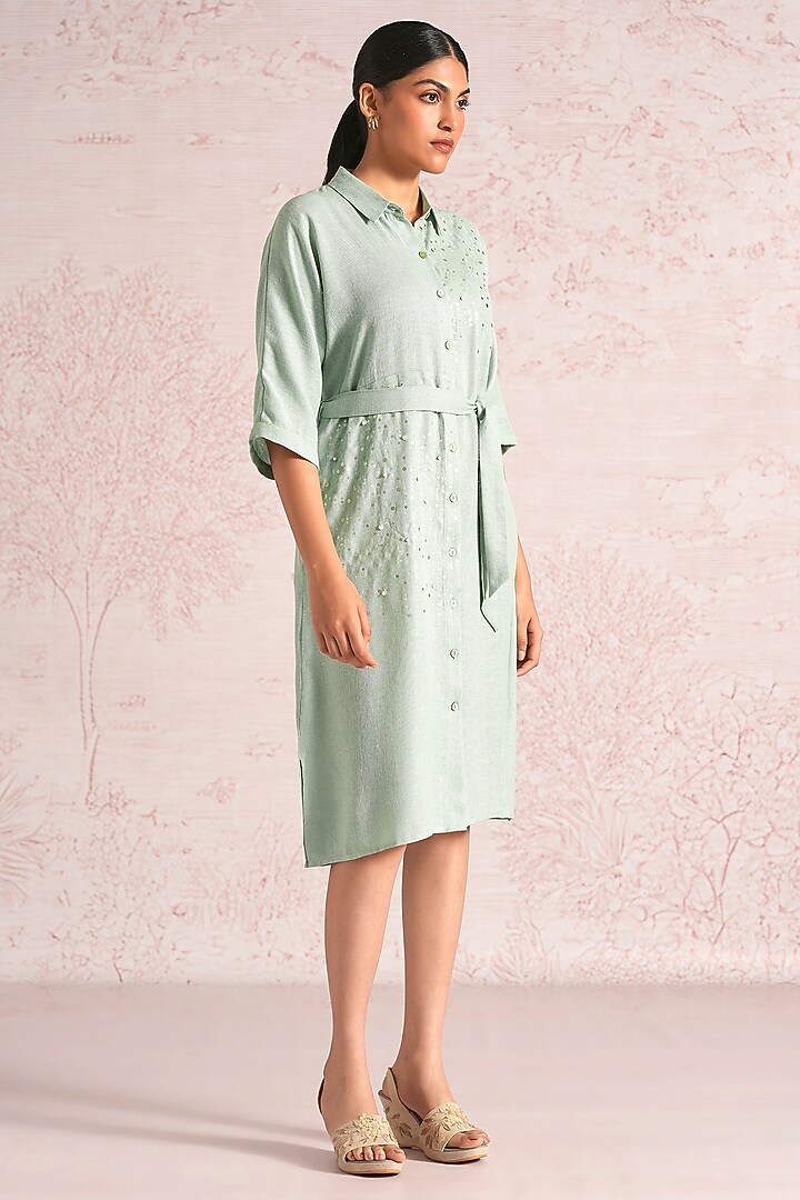 Cloud Blue Linen Blend Foil Printed Midi Summer Dress by Kaveri at Pernia's Pop Up Shop