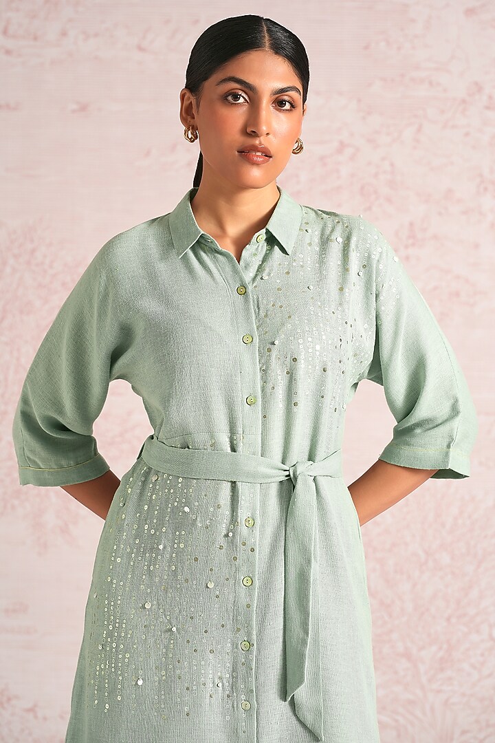 Cloud Blue Linen Blend Foil Printed Midi Summer Dress by Kaveri at Pernia's Pop Up Shop