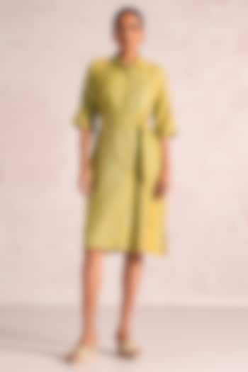 Pear Green Linen Blend Foil Printed Midi Summer Dress by Kaveri at Pernia's Pop Up Shop