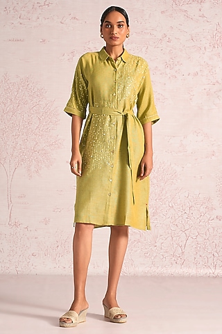Pear Green Linen Blend Foil Printed Midi Dress by Kaveri