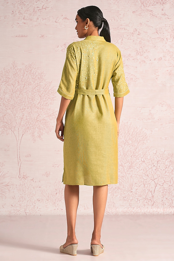 Pear Green Linen Blend Foil Printed Midi Summer Dress by Kaveri at Pernia's Pop Up Shop