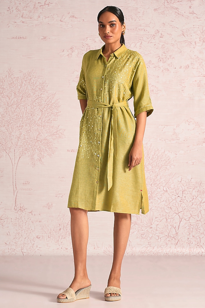 Pear Green Linen Blend Foil Printed Midi Summer Dress by Kaveri at Pernia's Pop Up Shop