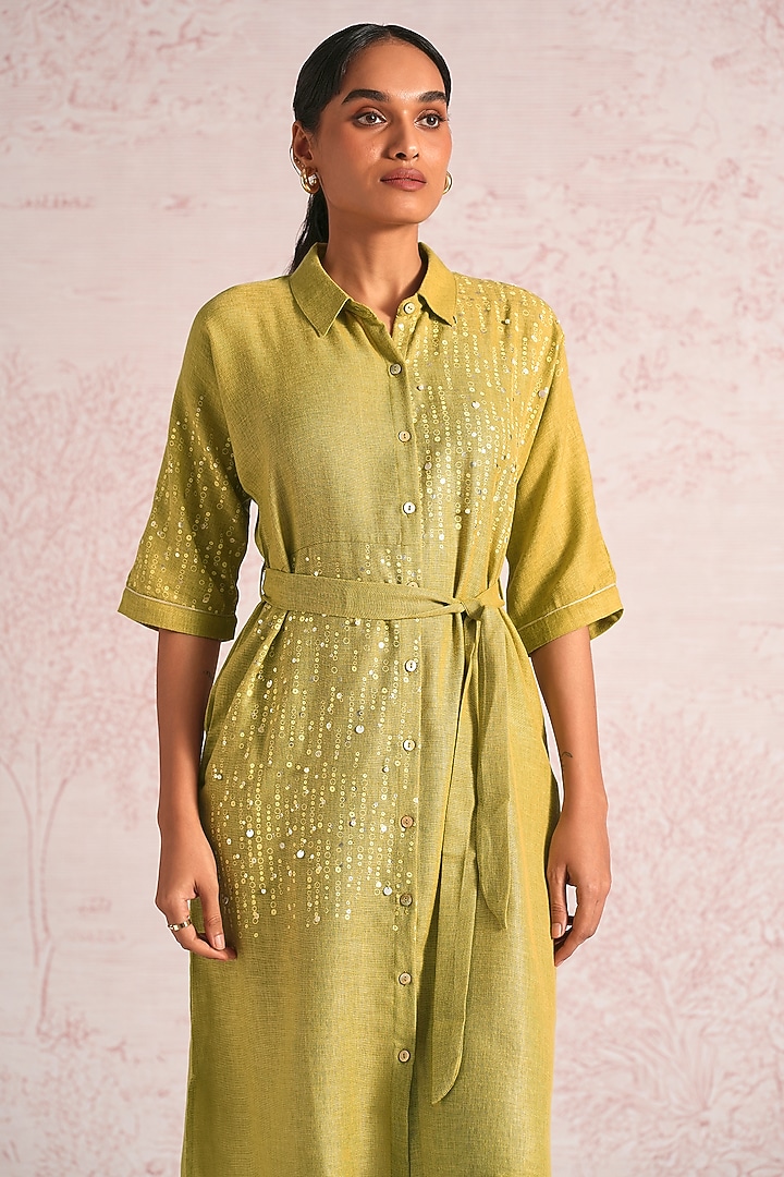 Pear Green Linen Blend Foil Printed Midi Summer Dress by Kaveri at Pernia's Pop Up Shop