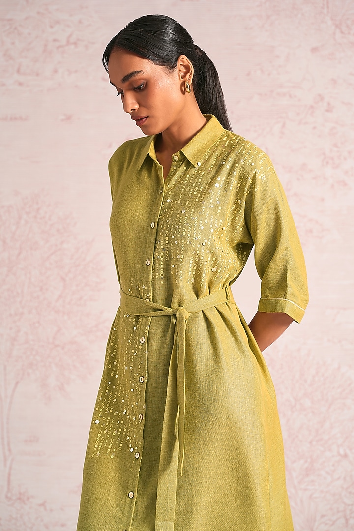 Pear Green Linen Blend Foil Printed Midi Summer Dress by Kaveri at Pernia's Pop Up Shop