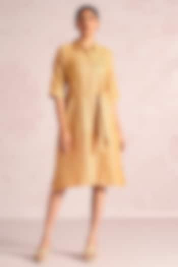 Cashew-Colored Linen Blend Foil Printed Midi Summer Dress by Kaveri at Pernia's Pop Up Shop