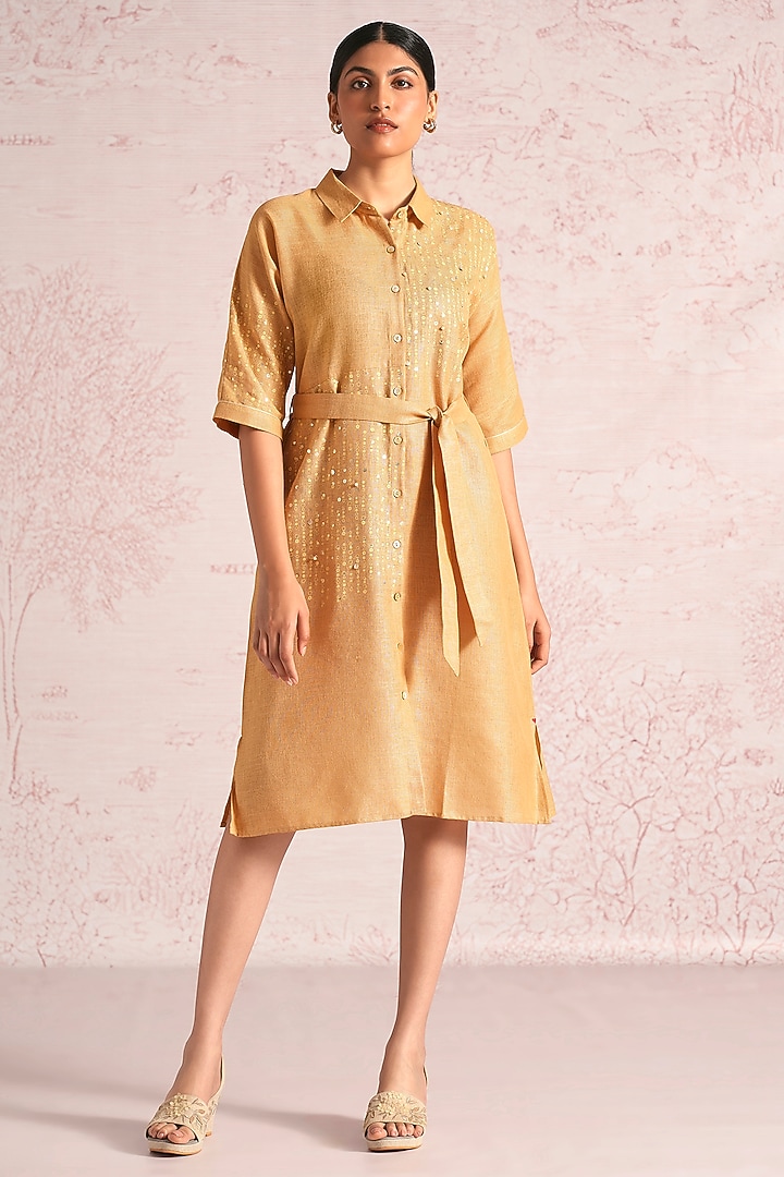 Cashew-Colored Linen Blend Foil Printed Midi Summer Dress by Kaveri at Pernia's Pop Up Shop