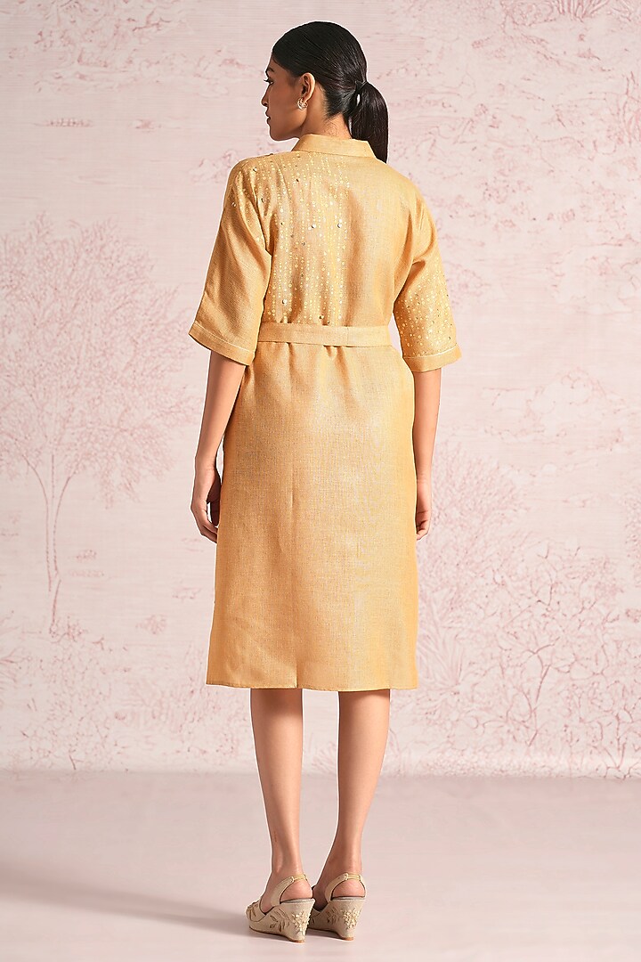 Cashew-Colored Linen Blend Foil Printed Midi Summer Dress by Kaveri at Pernia's Pop Up Shop