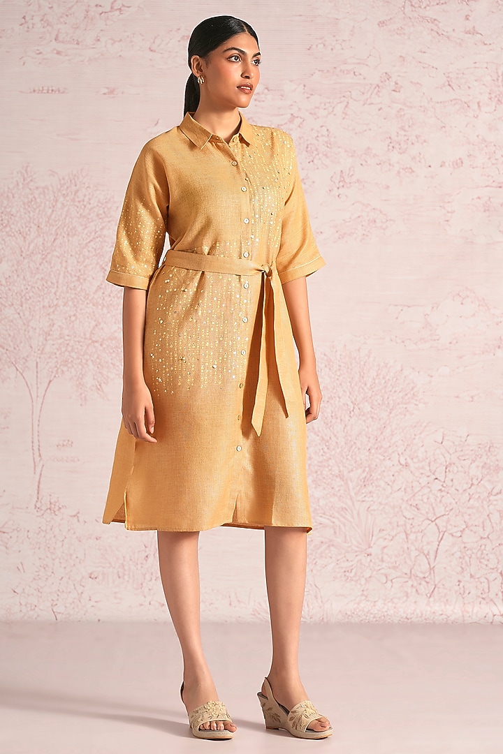 Cashew-Colored Linen Blend Foil Printed Midi Summer Dress by Kaveri at Pernia's Pop Up Shop