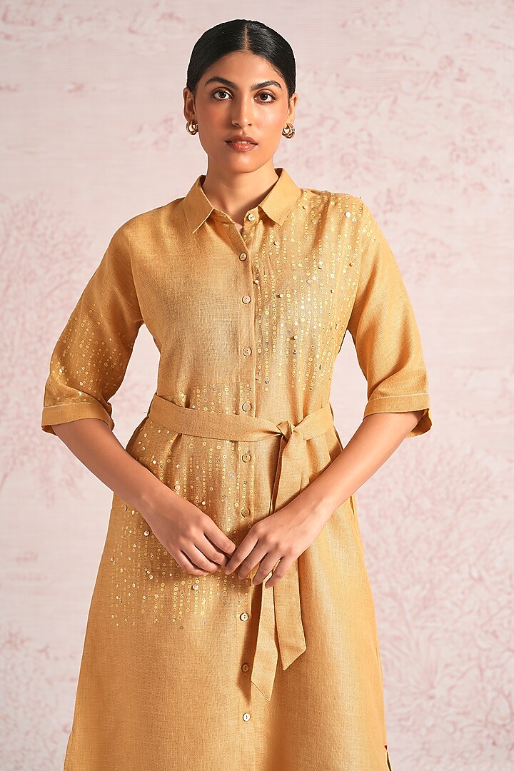 Cashew-Colored Linen Blend Foil Printed Midi Summer Dress by Kaveri at Pernia's Pop Up Shop