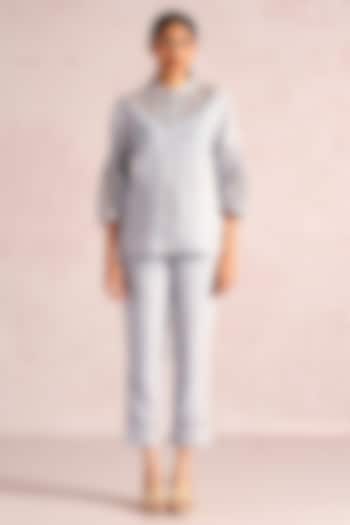 Smoke Grey Linen Blend Machine Embroidered Co-Ord Set by Kaveri at Pernia's Pop Up Shop