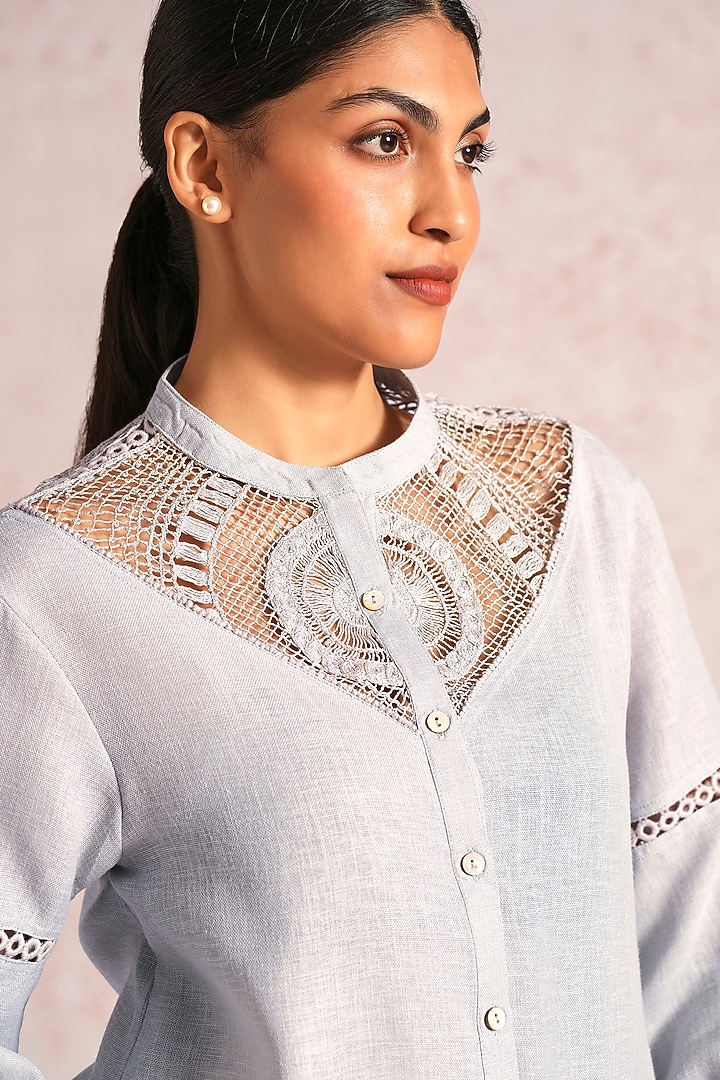 Smoke Grey Linen Blend Machine Embroidered Co-Ord Set by Kaveri at Pernia's Pop Up Shop