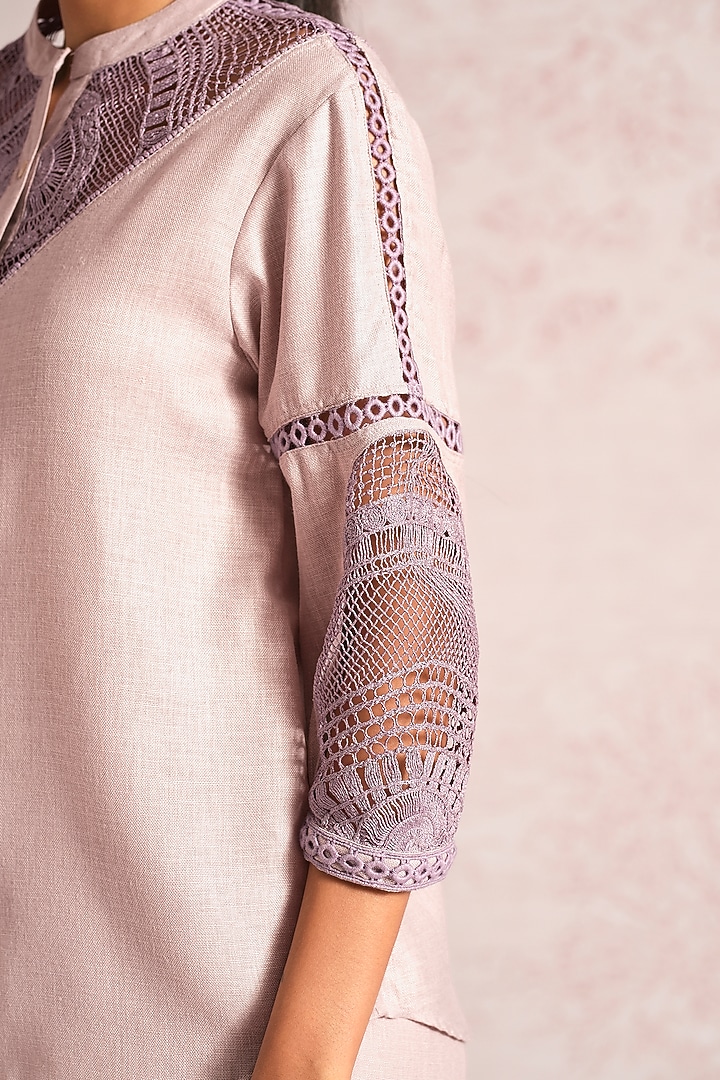 Mauve Linen Blend Machine Embroidered Co-Ord Set by Kaveri at Pernia's Pop Up Shop