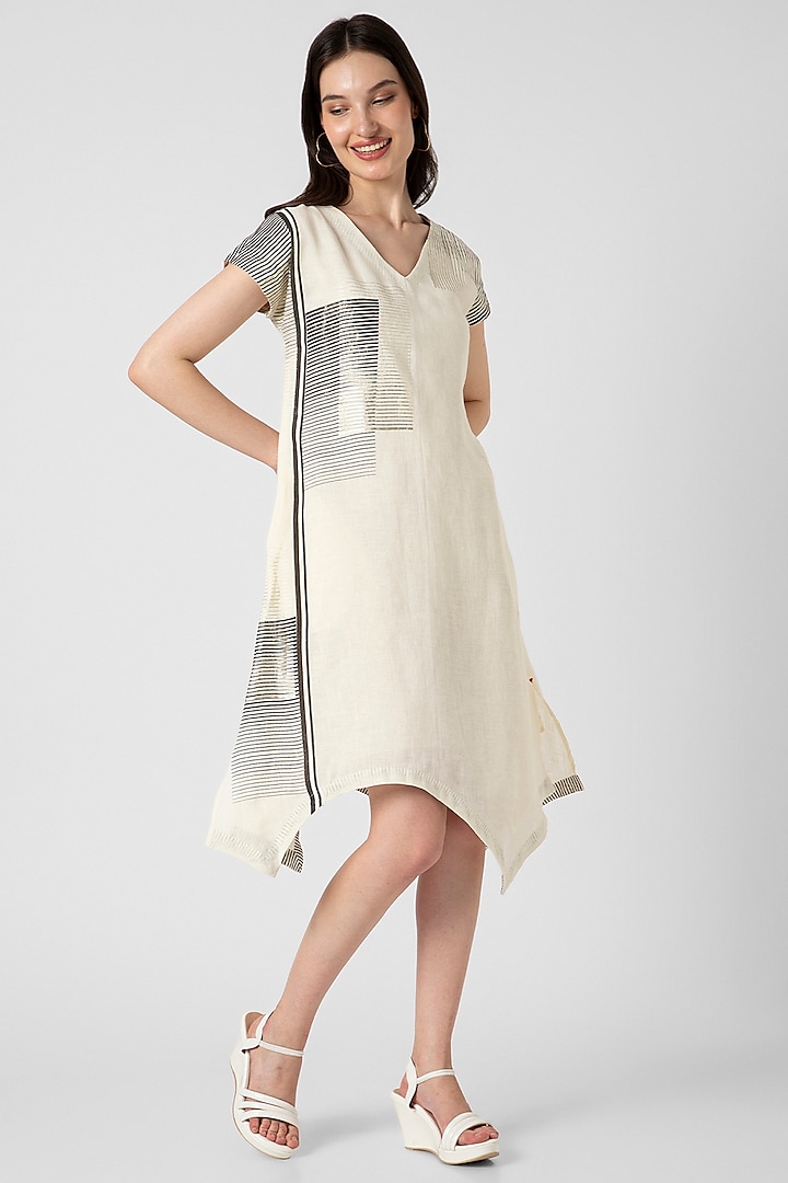 Off-White Linen Hand Screen Printed Asymmetrical Dress by Kaveri